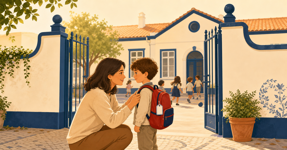 Mãe a despedir-se do filho no portão da escola no primeiro dia do 1.º ano com mochila identificada