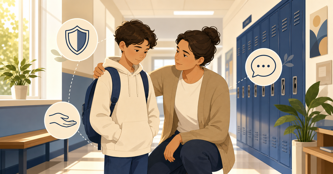 Pai a apoiar o filho na escola sobre bullying com atitude protectora e calma