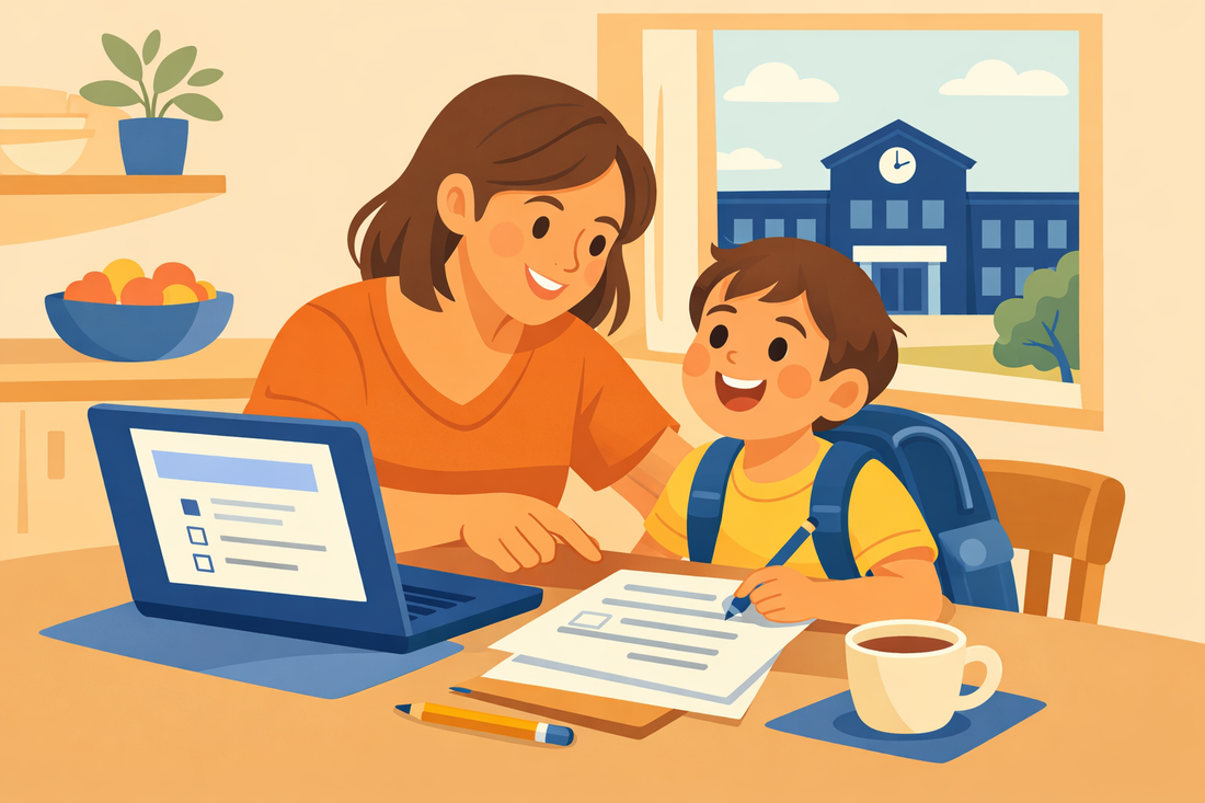 Mãe e filho a preencher matrícula escolar 2026/2027 no Portal das Matrículas em Portugal