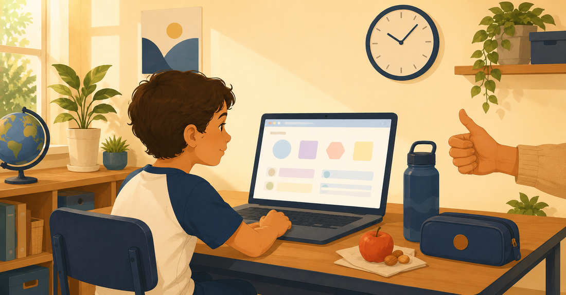 Criança a fazer prova ModA em computador na escola com atitude calma e preparada