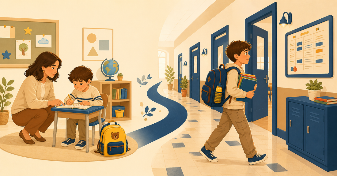 Ilustração da transição do 4.º para o 5.º ano: de uma sala com um professor para várias salas com vários professores