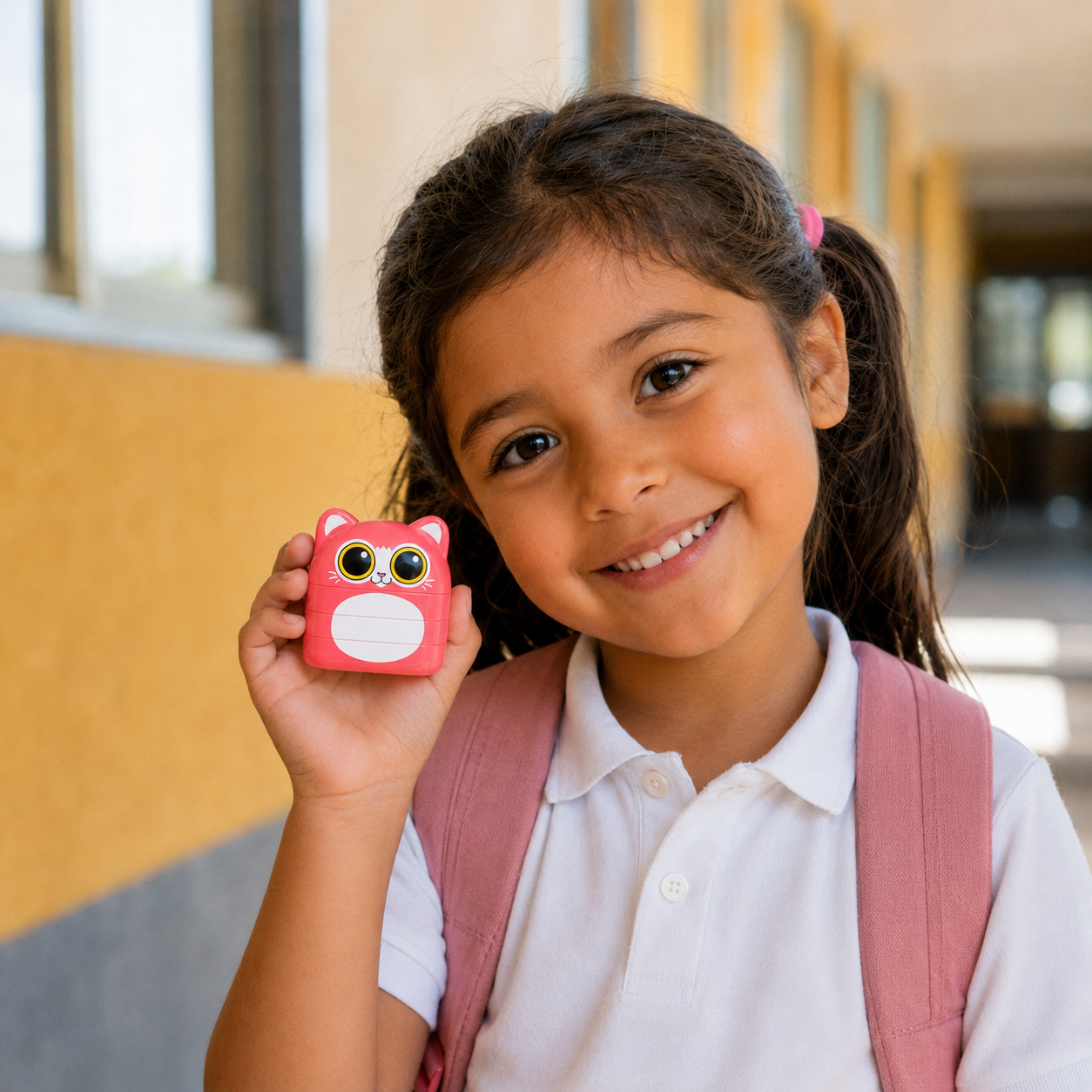 Menina com mochila a mostrar o carimbo personalizado Gatinho para roupa escolar