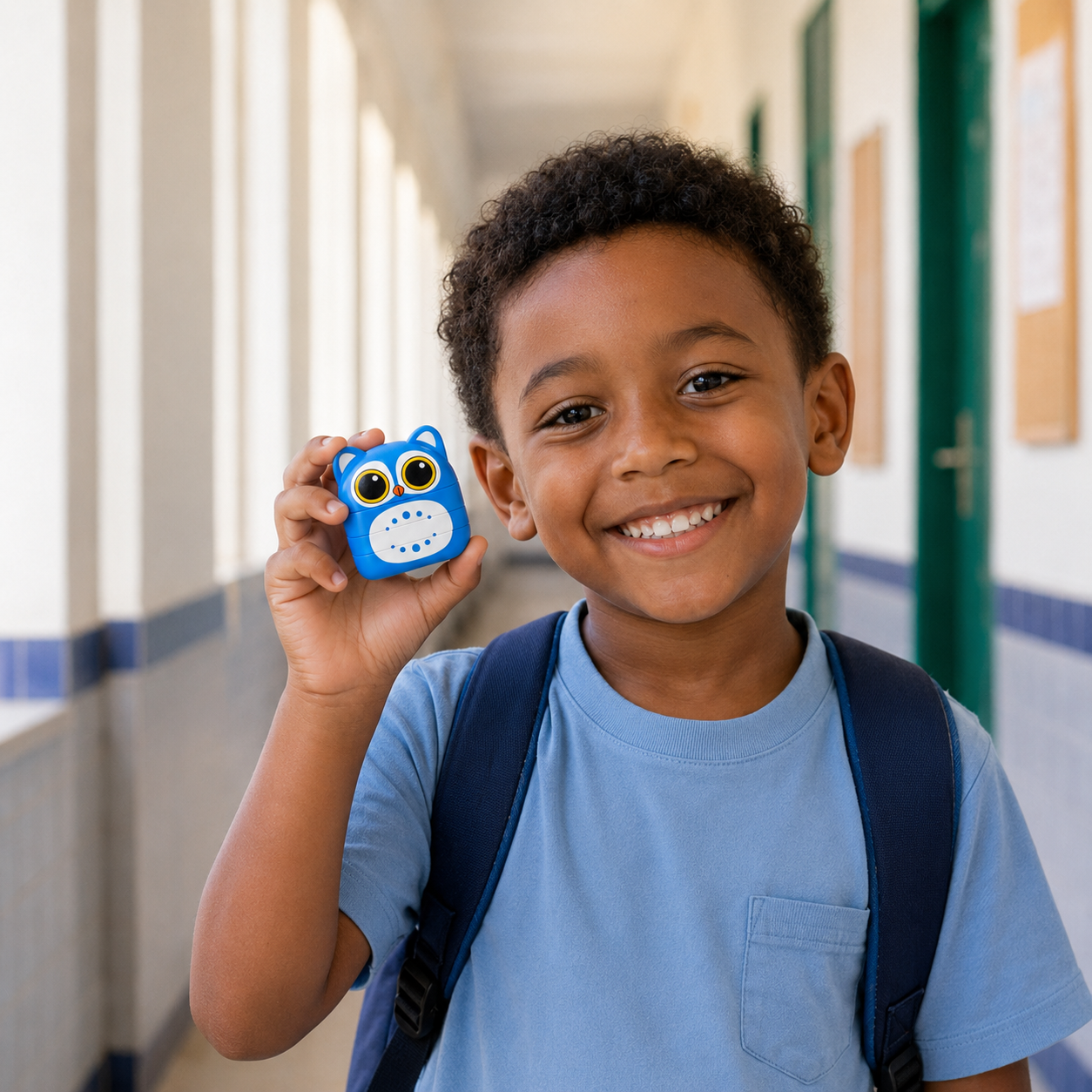 Criança com mochila a segurar o carimbo personalizado Coruja para roupa escolar