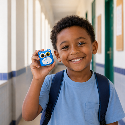 Criança com mochila a segurar o carimbo personalizado Coruja para roupa escolar